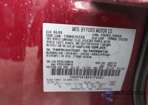 2005 Ford Five Hundred Limited z USA, uszkodzony, nr VIN 1FAHP28185G174281